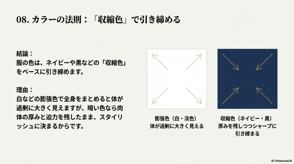 体を引き締める収縮色(ネイビー・黒)と過剰に大きく見える膨張色の違い