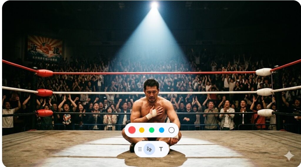 暗い会場のリング中央で、一本のスポットライトを浴びて座る感動的なレスラーの姿