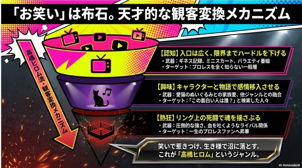 認知（お笑い）から興味（物語）を経て熱狂（リング）へと繋げる、高橋ヒロム流の観客変換メカニズムの図