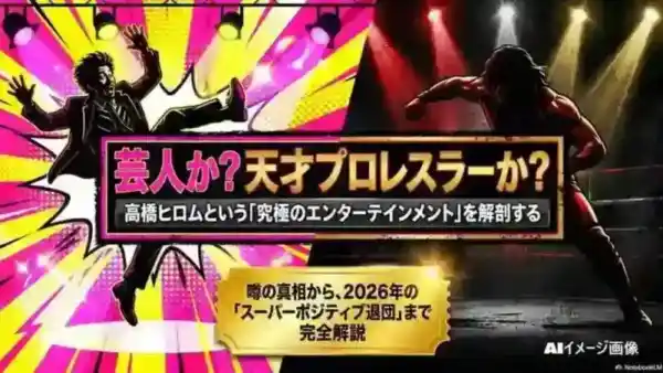高橋ヒロムは芸人か天才プロレスラーかを問うキャッチコピーと、背広姿・レスラー姿のシルエット
