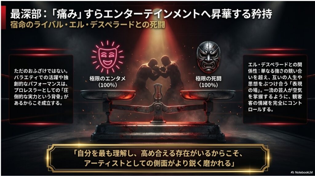 エル・デスペラードとの死闘を、エンターテインメントと死闘の天秤で表現した、深いライバル関係を示す画像