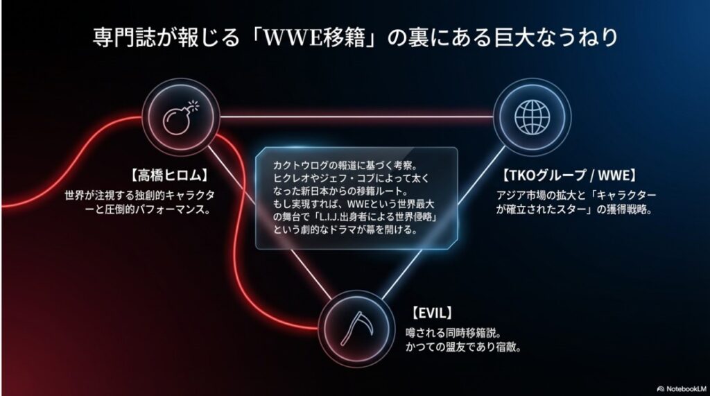 高橋ヒロム選手とEVIL選手のWWE移籍説とTKOグループの戦略相関図