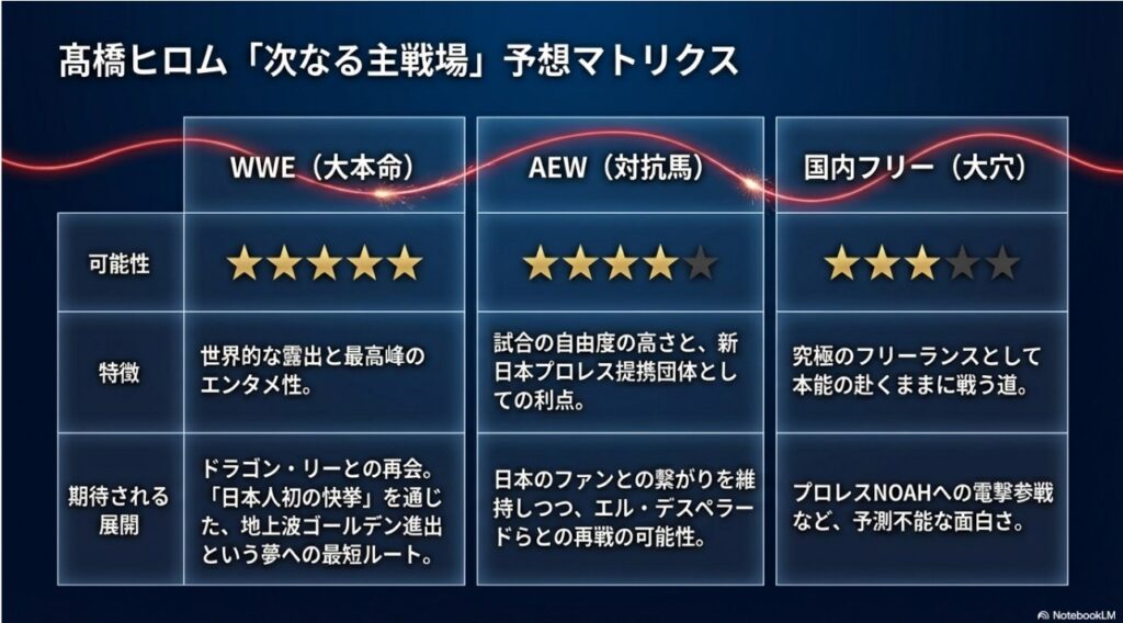 WWE、AEW、国内フリーなど高橋ヒロム選手の次なる主戦場予想マトリクス