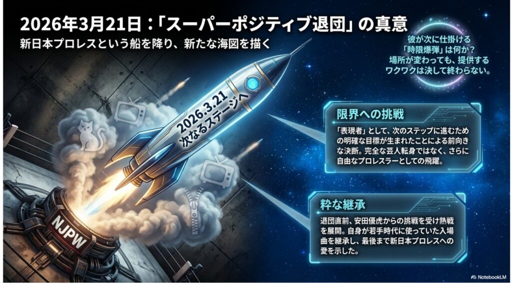 新日本プロレスを離れ、新たなステージ（宇宙）へ飛び立つロケットで表現された退団の真意