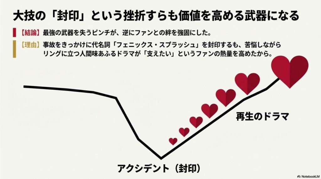 大技フェニックス・スプラッシュの封印という挫折から再生へのドラマ価値向上グラフ
