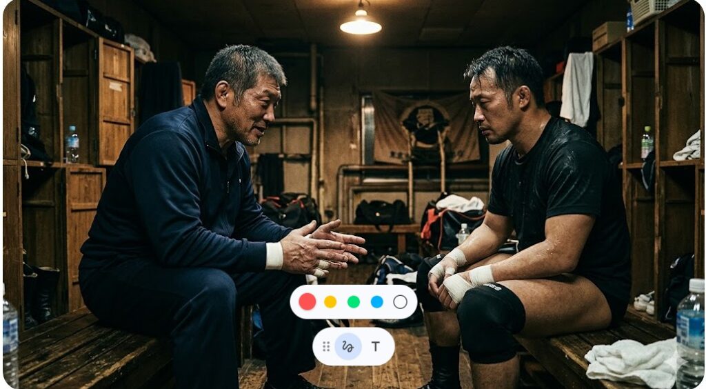 薄暗いロッカールームで、ベテランレスラーが後輩へ真剣に助言を伝える様子