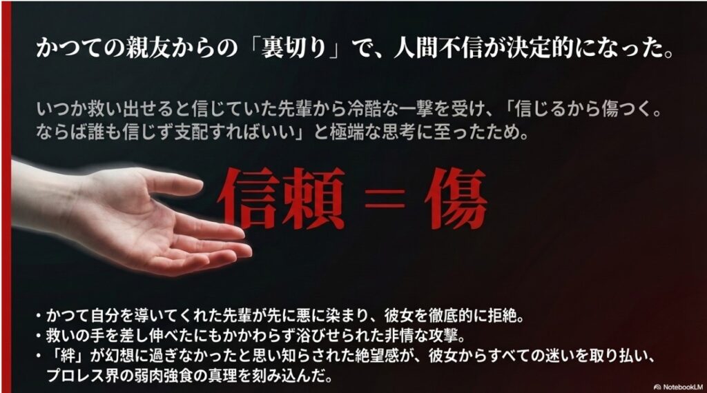 かつての親友である渡辺桃選手からの裏切りの一撃を受け人間不信が決定的になったイメージ