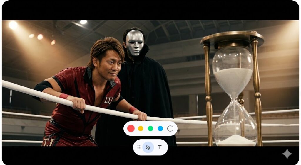 正体不明を象徴する銀のマスクとスーツを身に纏い、内藤哲也選手の背後に控える謎のパレハのイメージ