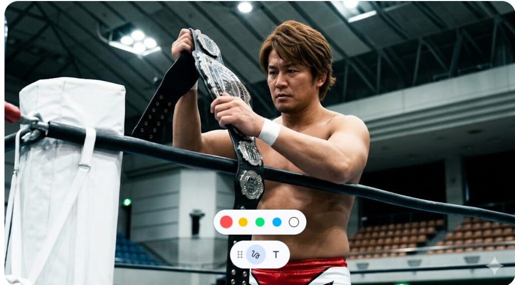 自身の歴史を象徴するベルトを静かに見つめ、退団を決意する内藤哲也選手の背中