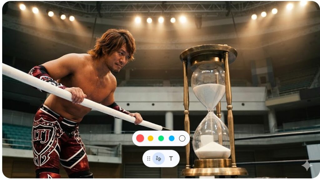 リング上で大きな砂時計を見つめ、自身のレスラー人生の引き際を意識する内藤哲也選手