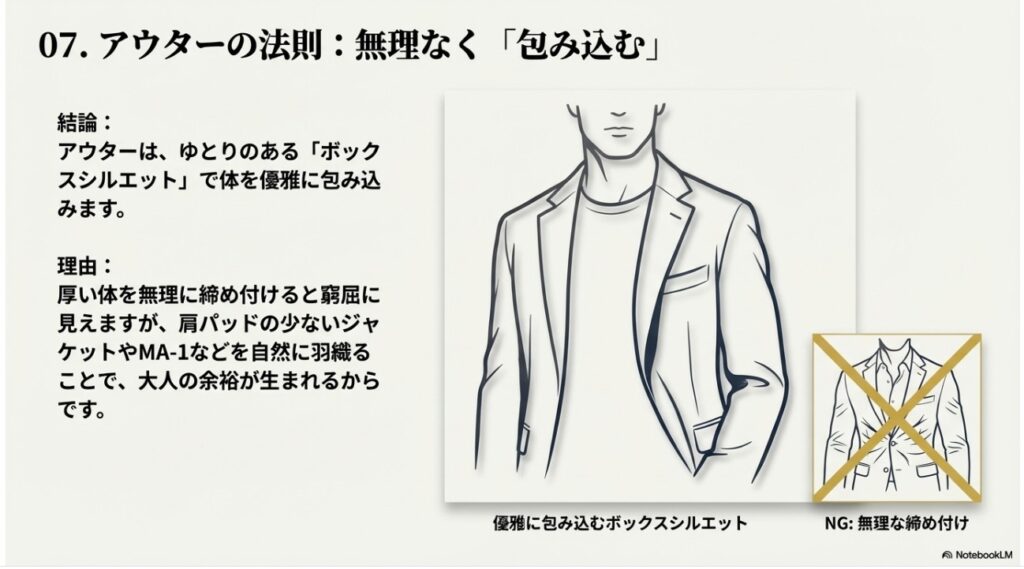 厚い体を無理なく優雅に包み込むボックスシルエットのアウターの法則