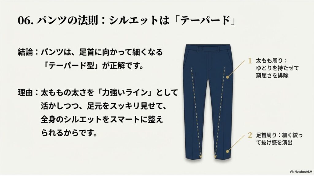 太ももにゆとりがあり足首が細いテーパードパンツでスッキリ見せるパンツの法則