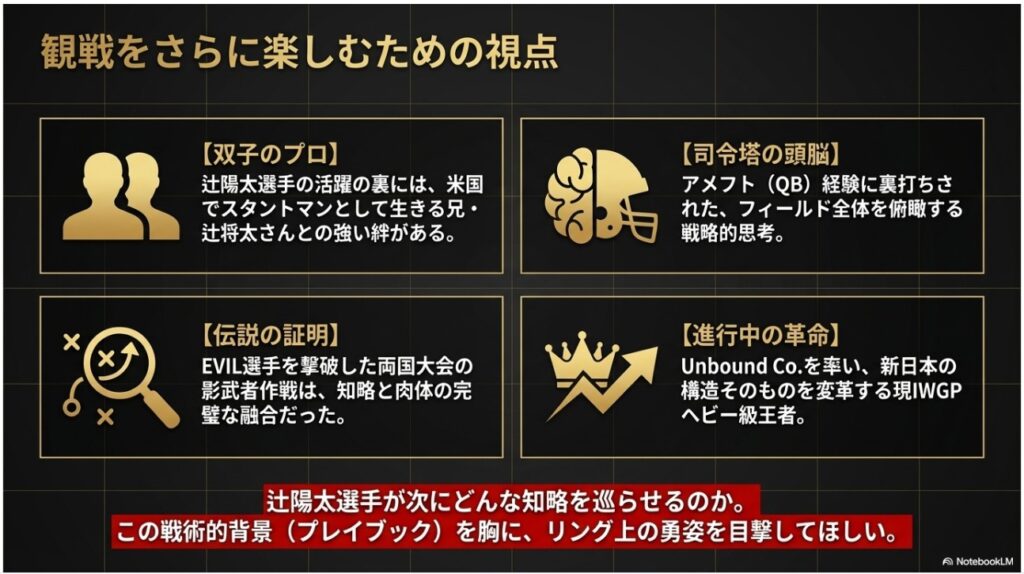 辻陽太選手の双子の絆や戦略的思考など、試合観戦をさらに楽しむための視点をまとめた画像