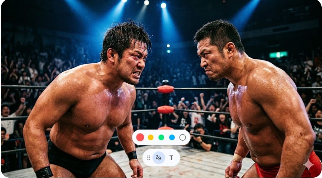 リング上で至近距離から睨み合い、魂をぶつけ合う二人の日本人プロレスラー