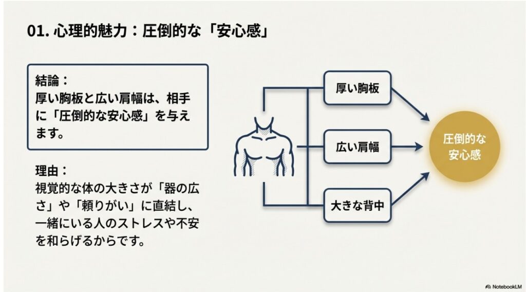 厚い胸板と広い肩幅が相手に圧倒的な安心感を与える心理的メカニズムの図解