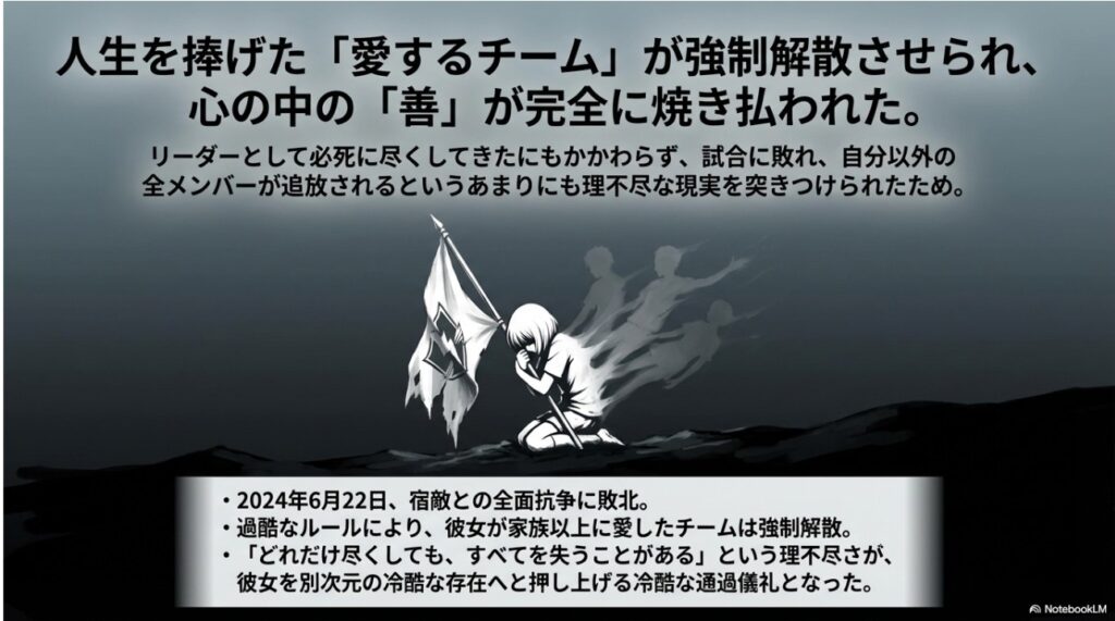 人生を捧げたチームであるクイーンズクエスト(QQ)が強制解散させられ絶望する上谷沙弥選手のイメージ