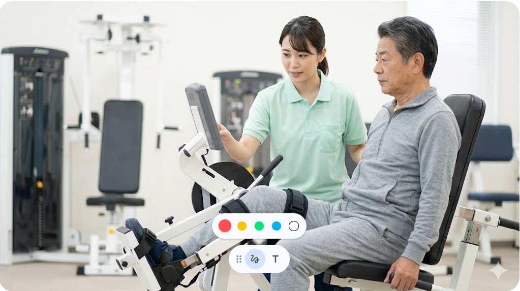 トレーニングマシンを使い女性スタッフの指導を受ける年配男性