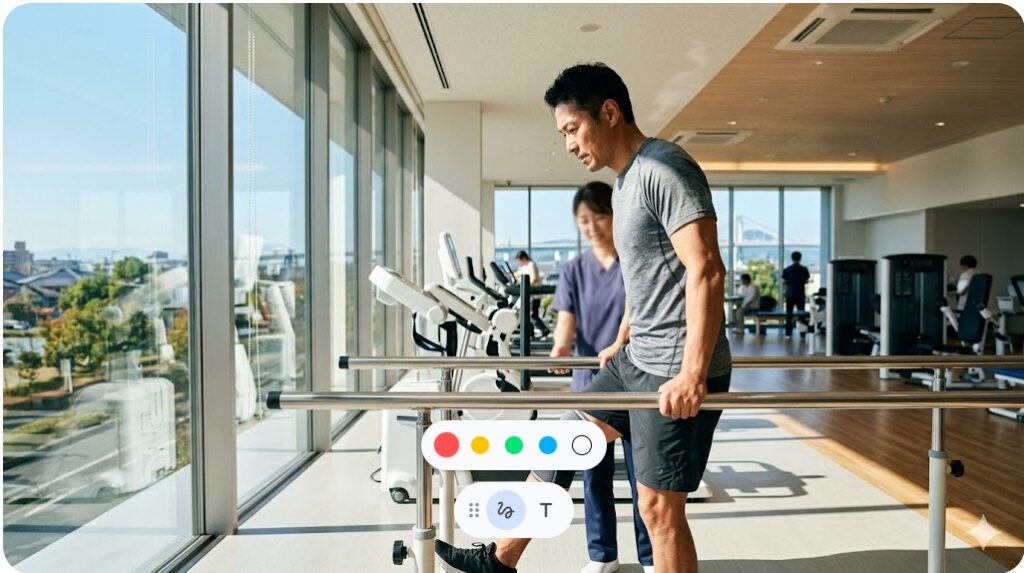 明るい光が差し込む最新の施設で、懸命にリハビリトレーニングに励む日本人レスラー