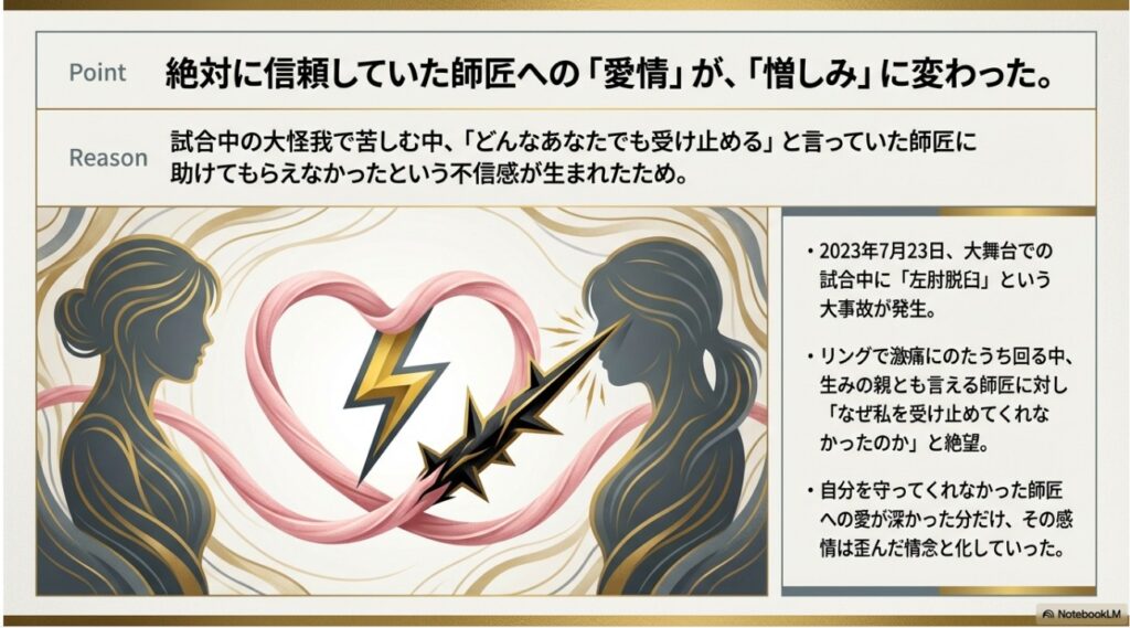 絶対的に信頼していた師匠の中野たむ選手への愛情が左肘脱臼をきっかけに憎しみへと変わった図解
