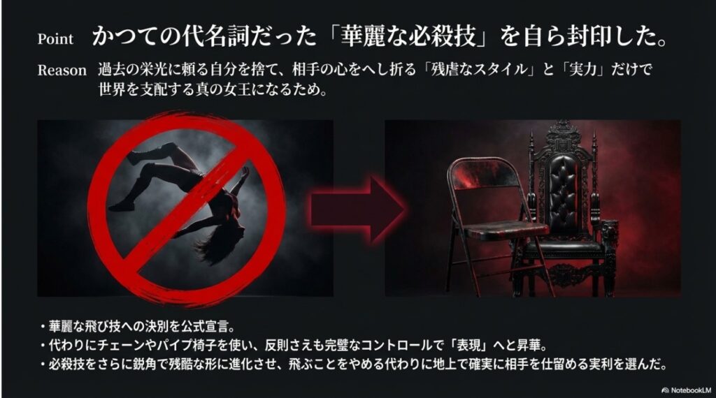 過去の栄光であった華麗な必殺技フェニックススプラッシュを封印し残虐なスタイルを選んだ解説図