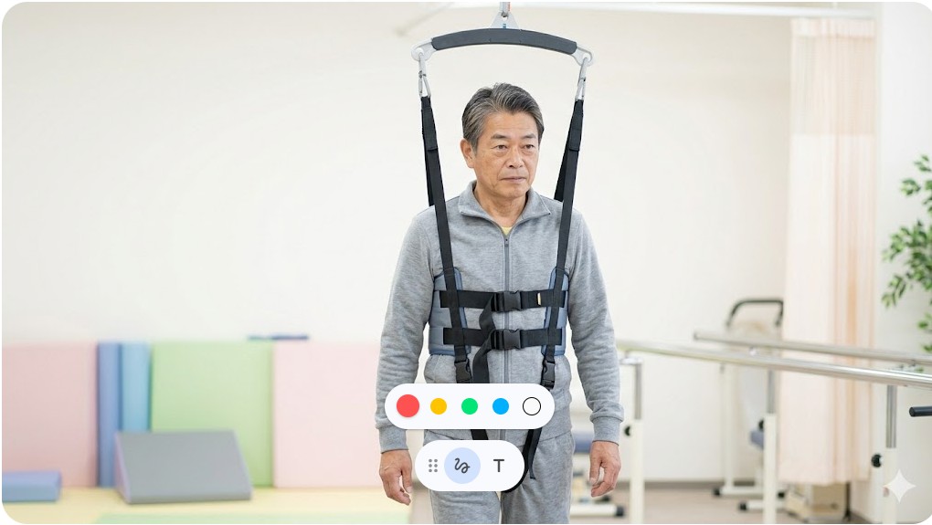 歩行補助装置に支えられながらリハビリ室で前を見据える年配男性