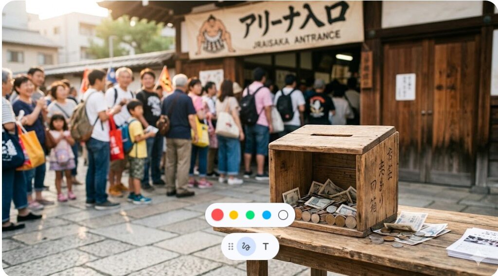 プロレス会場の入り口に置かれた、ファンからの善意が集まる木製の募金箱