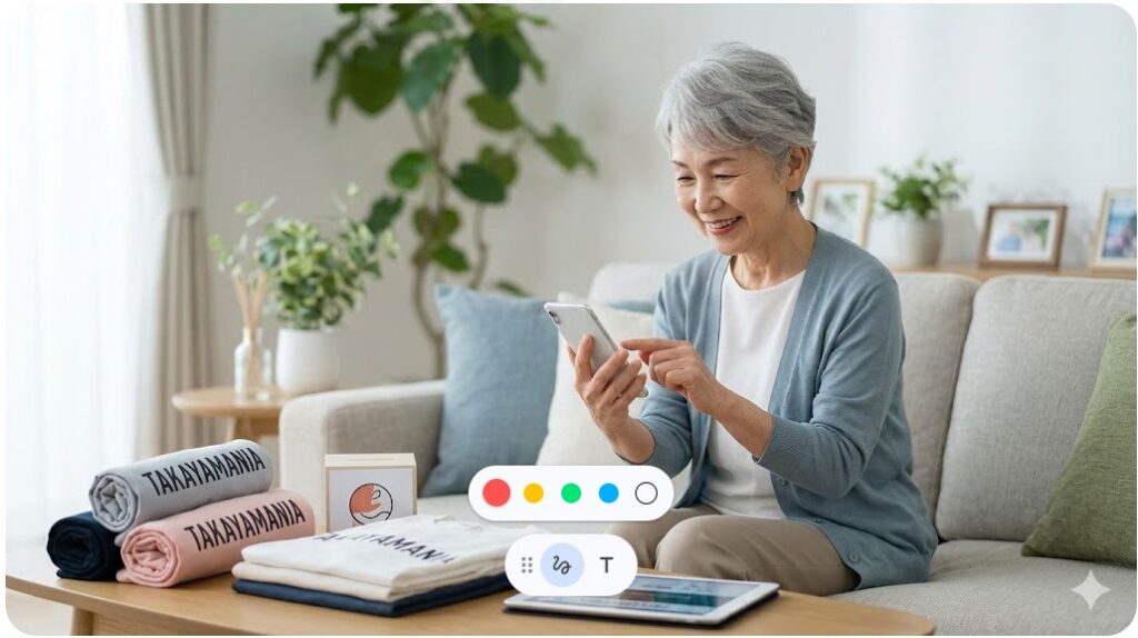 TAKAYAMANIAのロゴ入りグッズが置かれた部屋でスマホを操作する笑顔の女性