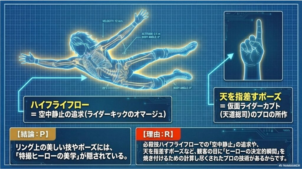 必殺技ハイフライフローの空中静止と天を指差すカブトポーズの美学解析図