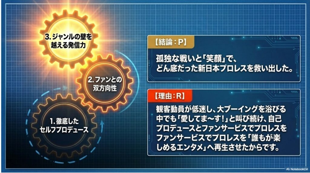 徹底したセルフプロデュースとファンサービスで新日本プロレスを救った3つの革命の図解