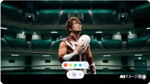 新日本プロレスのマスクを手に取り、新しい戦場であるプロレスリング・ノアのリングを見つめる内藤哲也選手のイメージ