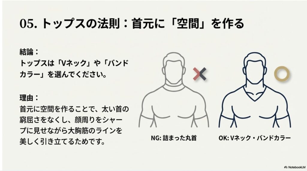 がっしり体型に似合うVネックとバンドカラー・首元に空間を作るトップスの法則