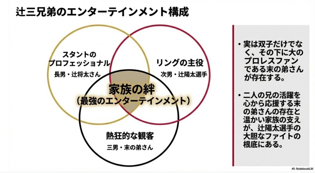 スタントマンの兄、レスラーの辻陽太選手、プロレスファンの末弟による辻三兄弟の絆を図解した画像
