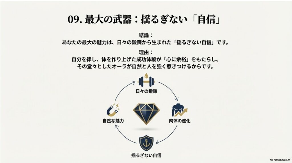 日々の鍛練から肉体の進化・揺るぎない自信・自然な魅力へと繋がるサイクル
