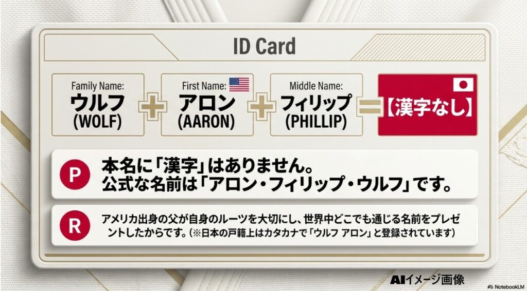 ウルフアロンの本名アロン・フィリップ・ウルフと漢字表記がないことを示す図解