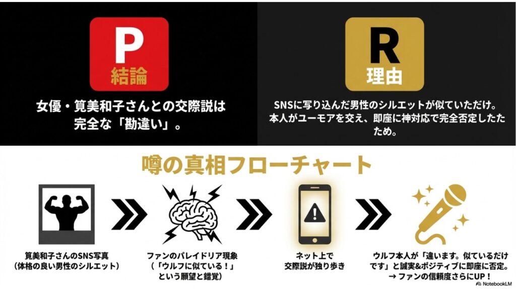 筧美和子さんとの交際説がパレイドリア現象による勘違いであることを示すフローチャート