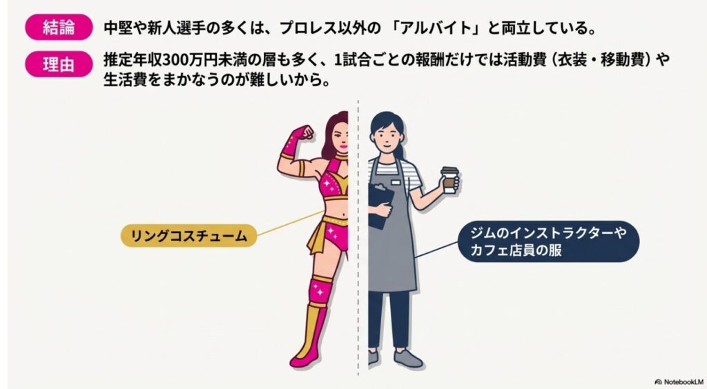 中堅や新人の女子プロレスラーの多くはプロレス以外のアルバイトと両立している実態の図解