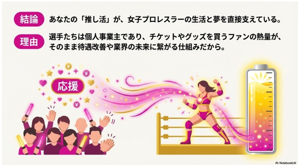 あなたの推し活が女子プロレスラーの生活と夢を直接支えている仕組みの図解