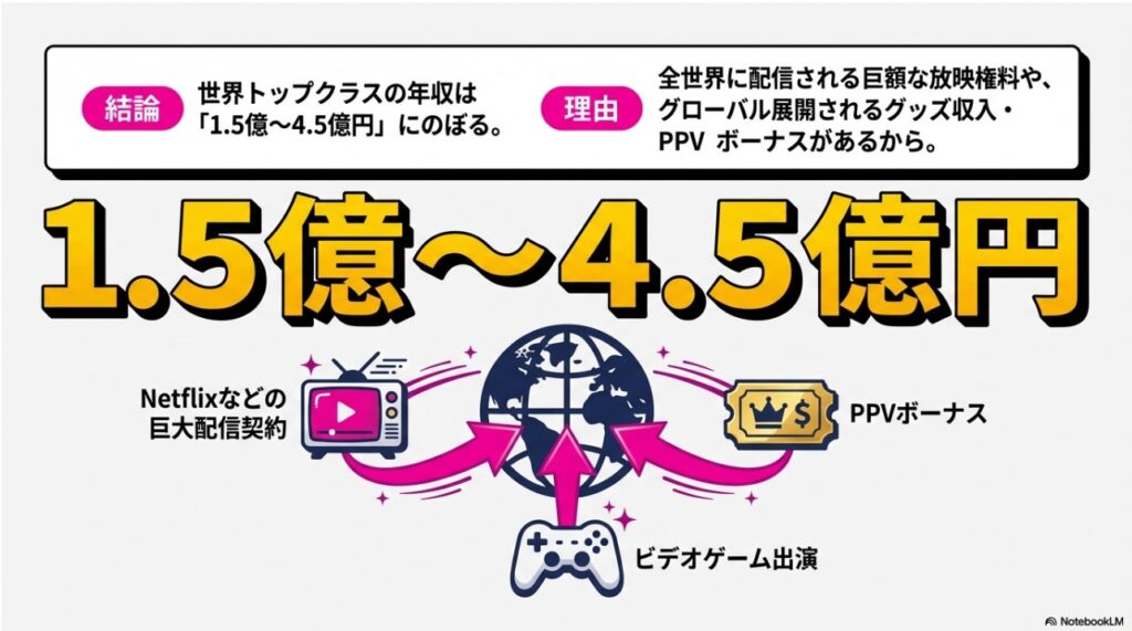 世界トップクラスの女子プロレスラーの年収は1.5億〜4.5億円にのぼる理由の図解