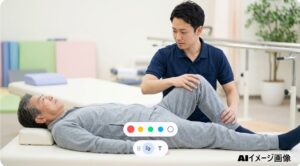 リハビリ施設で理学療法士の介助を受けながら足のトレーニングに励む年配男性