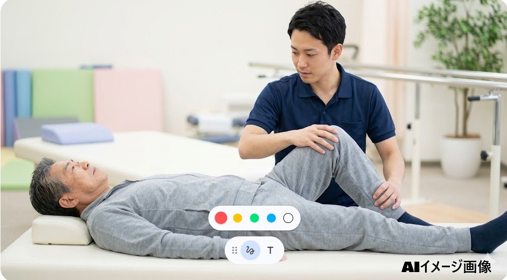 リハビリ施設で理学療法士の介助を受けながら足のトレーニングに励む年配男性