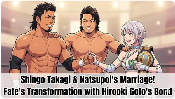 アリーナを背景に、笑顔で手をつなぐ鷹木信悟と、ベルトを持つなつぽいを、笑顔で祝福する後藤洋央紀のイラスト。