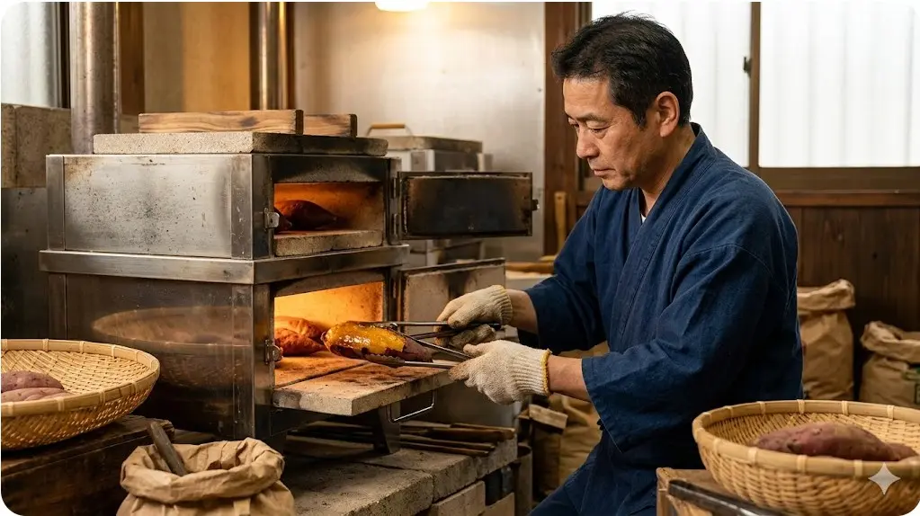 自作の窯から、蜜が溢れ出す焼き芋を丁寧に取り出す日本人職人の作業風景。