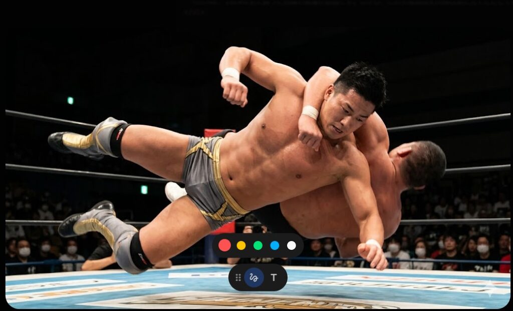 カラム・ニューマン選手が新技MAKE WAYで相手をファイヤーマンズキャリーに担ぎ上げる瞬間