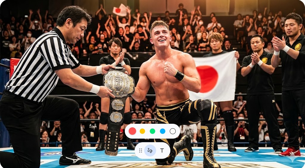 両国国技館でIWGP世界ヘビー級王座のベルトを掲げ勝利を喜ぶカラム・ニューマン選手