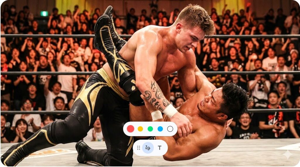 大阪大会で日本人選手に旋回式のスクラップバスターを見舞うカラム・ニューマン選手