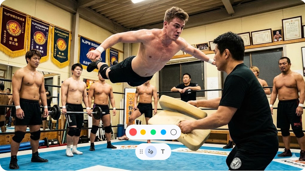 新日本プロレスの道場で日本人トレーナーを相手に空中殺法の練習に励むカラム・ニューマン選手