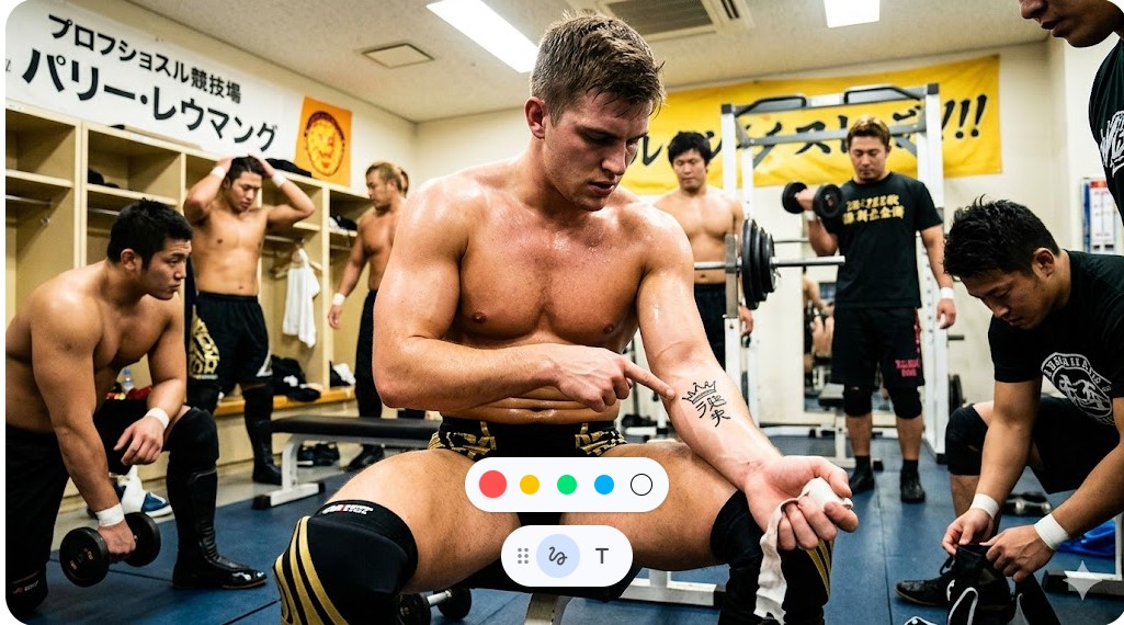 道場で手首のタトゥーを指差しながらリーダーとしての決意を語るカラム・ニューマン選手