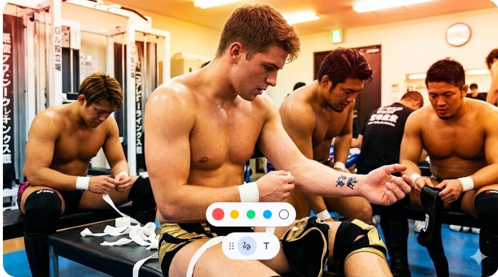 控室で手首のテーピングを解きタトゥーのデザインを確認するカラム・ニューマン選手