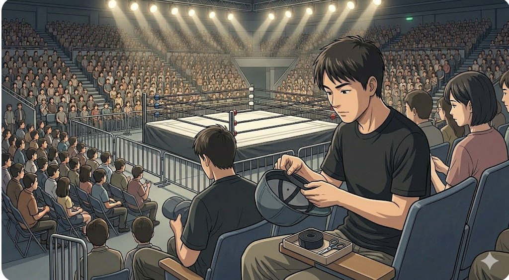 お気に入りのプロレスキャップを汗汚れから守るため、内側に専用のキャップライナーを貼り付ける様子。