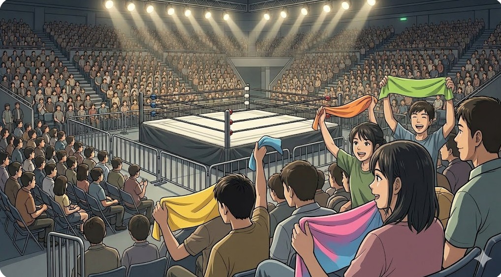 プロレス会場で周囲の観客の視界を遮らないよう、胸の高さで応援タオルを掲げて応援するファンたち。